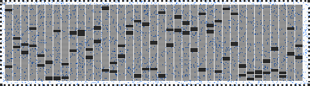 Replay visualization of a local benchmark: 2,500 robots moving across the warehouse map (color = robot heading), rendered from the run's output JSON with a purpose-built renderer