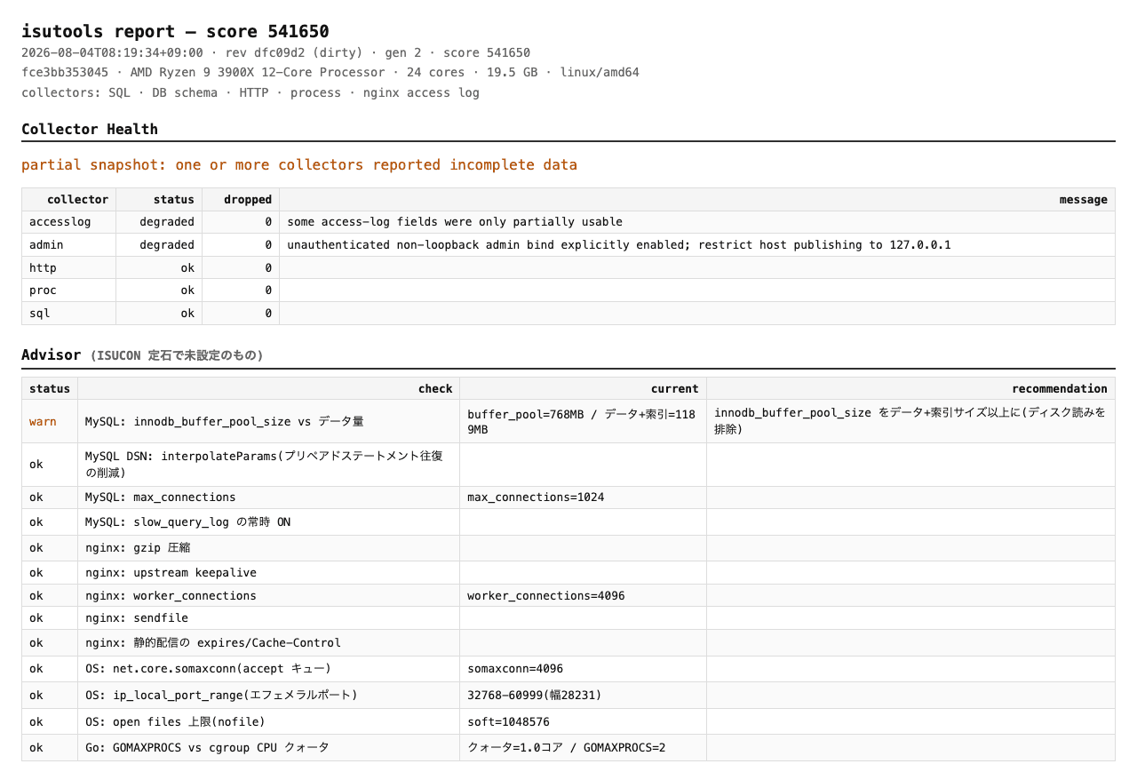 isutools advisor section detecting unconfigured MySQL, nginx, OS, and Go settings