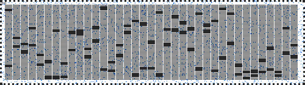 Replay visualization of a local benchmark: 2,500 robots moving across the warehouse map (color = robot heading), rendered from the run's output JSON with a purpose-built renderer